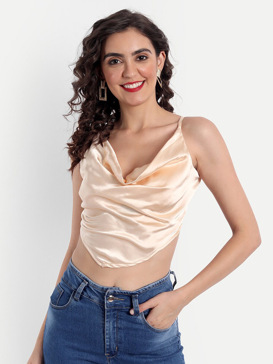 Emprall Champagne Cowl Neck Satin Top