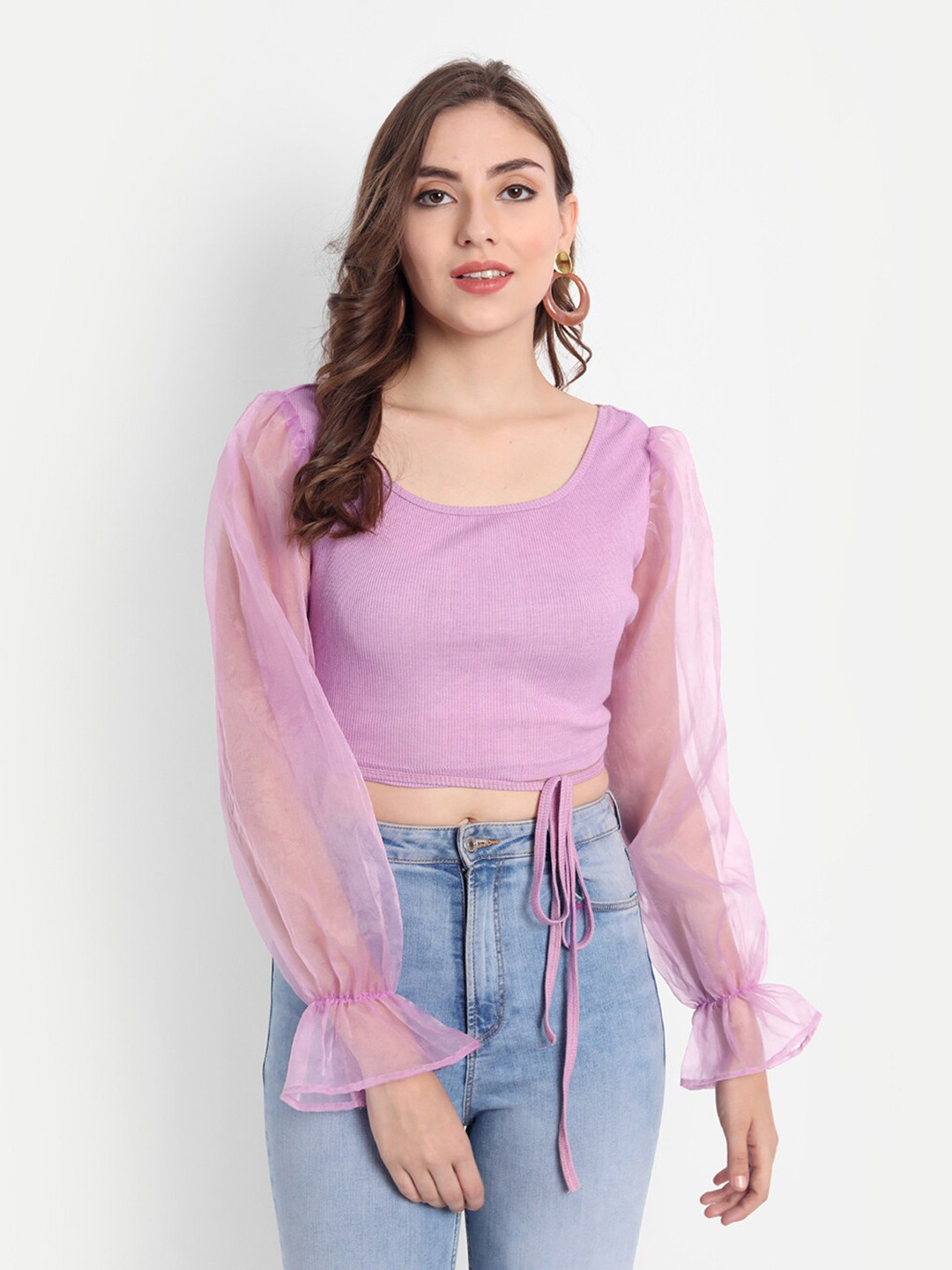 Emprall Lavender Full Sleeves Tie-Up Crop Top
