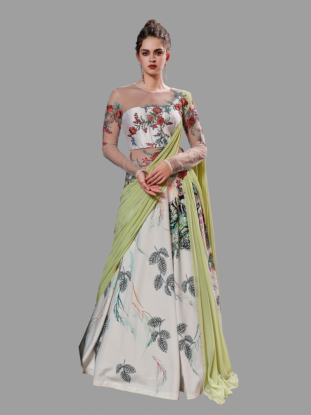 SAPTRANGI Green Floral Scuba Ethnic Maxi Dress