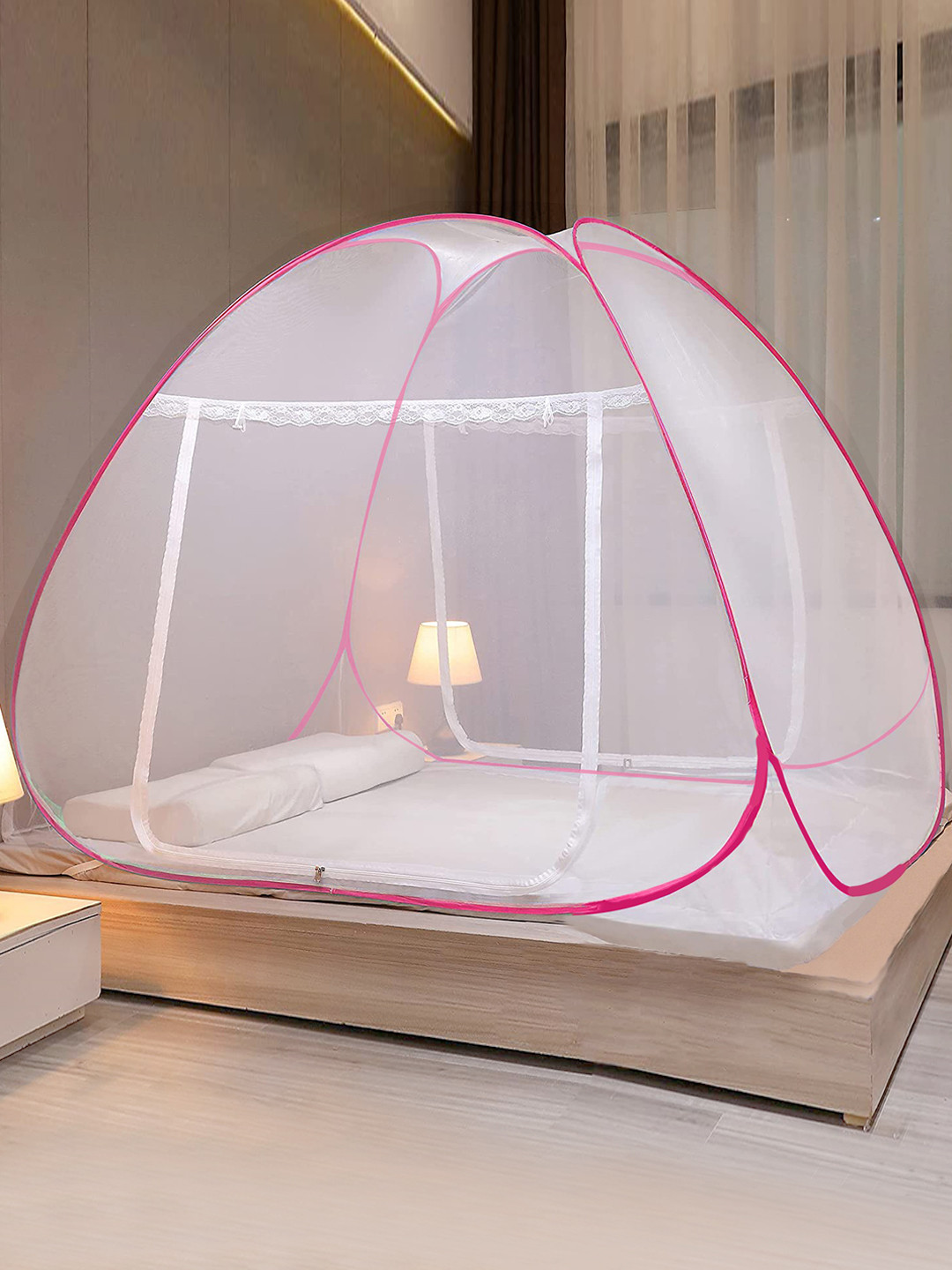 Evafly Pink & White Solid Sheer King Size Mosquito Net
