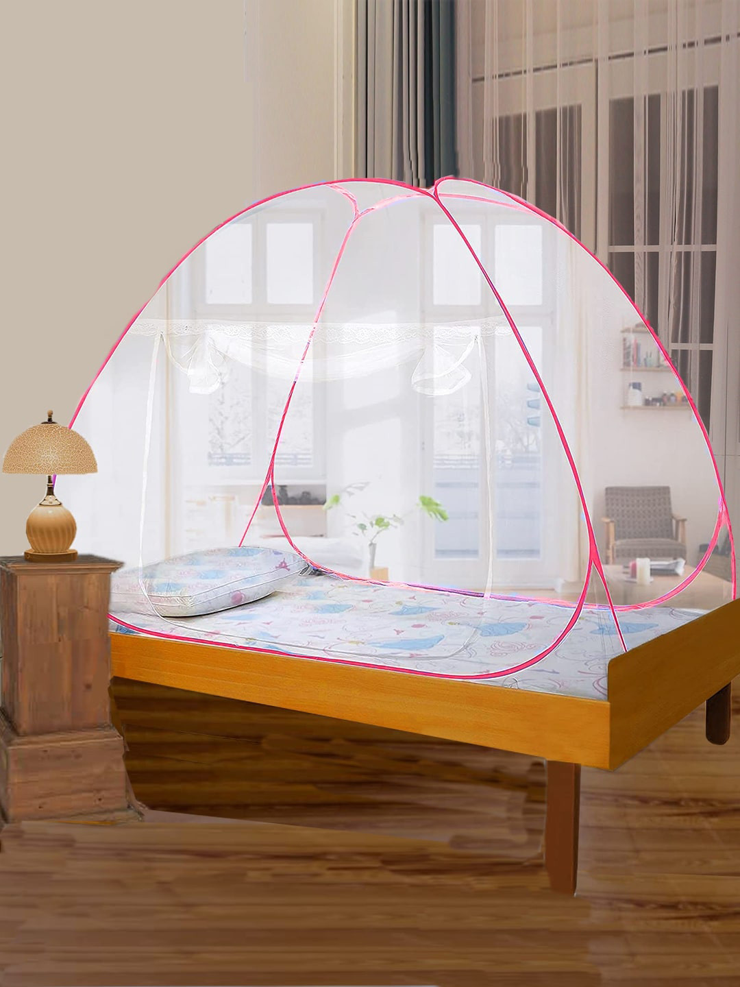Evafly Red & White Solid Sheer King Size Mosquito Net