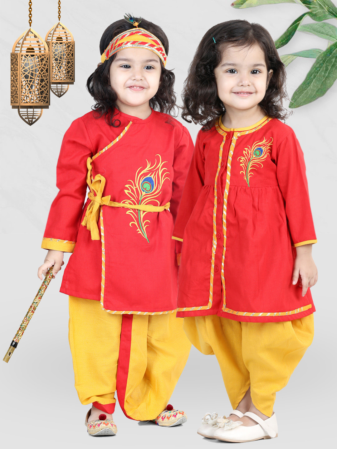 BownBee Girls Red Cotton Janmashtami Radha Krishna Top & Dhoti With Mukut & Bansuri