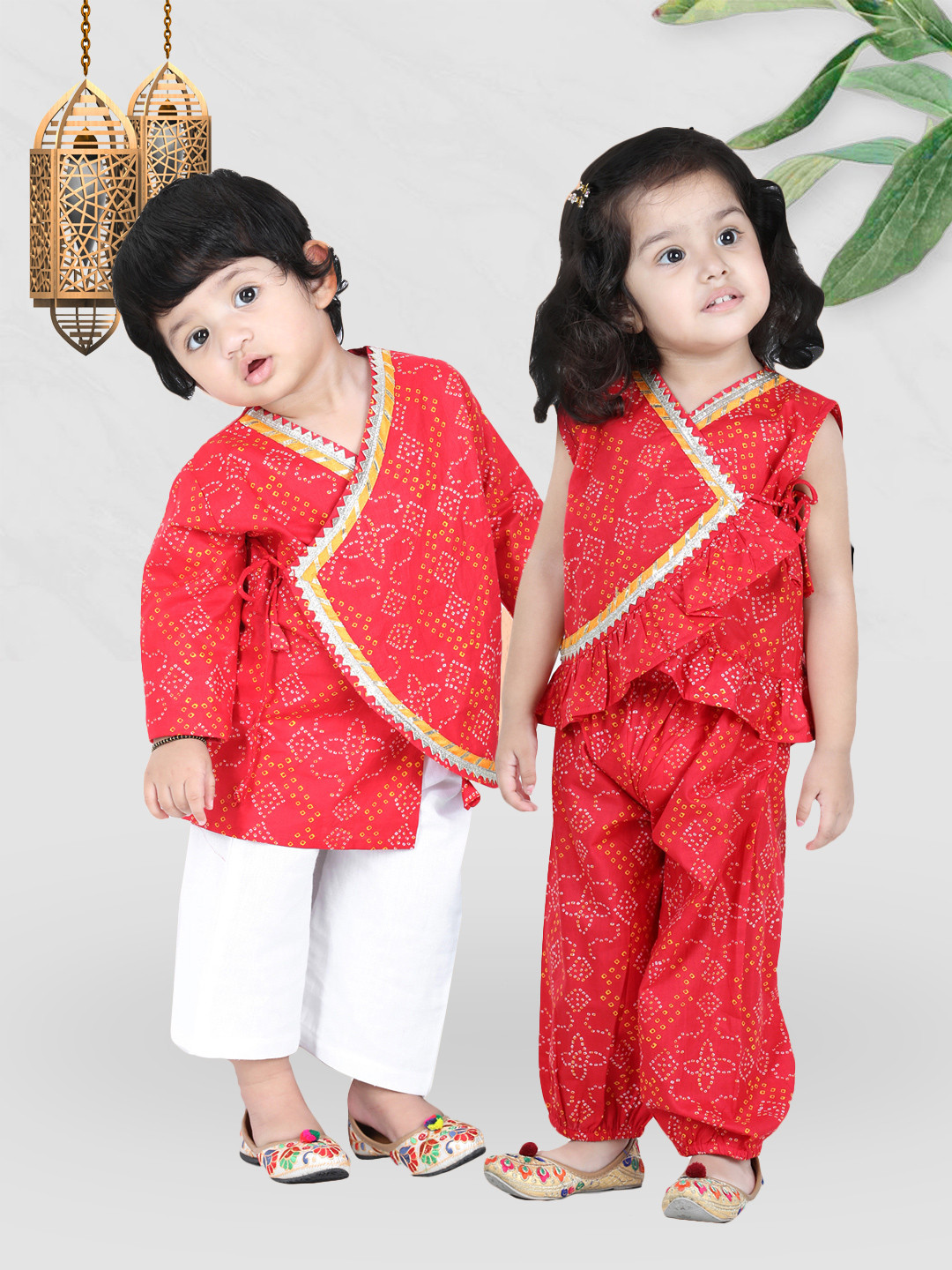 BownBee Girls Red Bandhani Print Angrakha Cotton Top with Harem Dhoti Pant