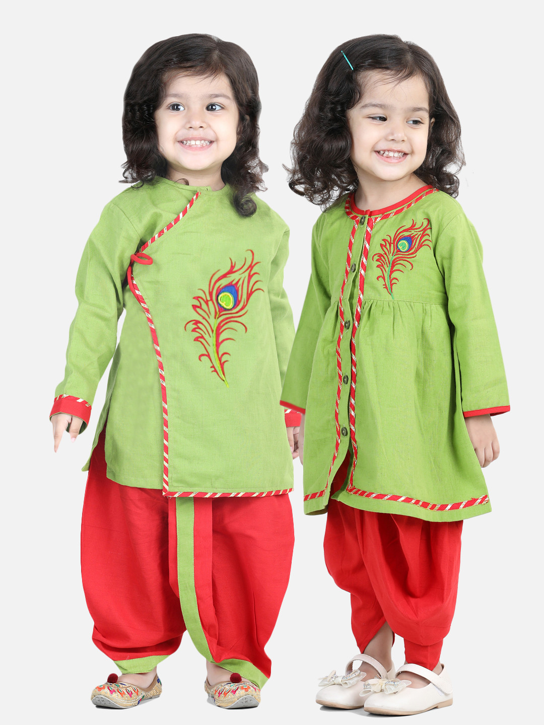 BownBee Girls Green & Red Cotton Embroidered Kurta with Dhoti Pants