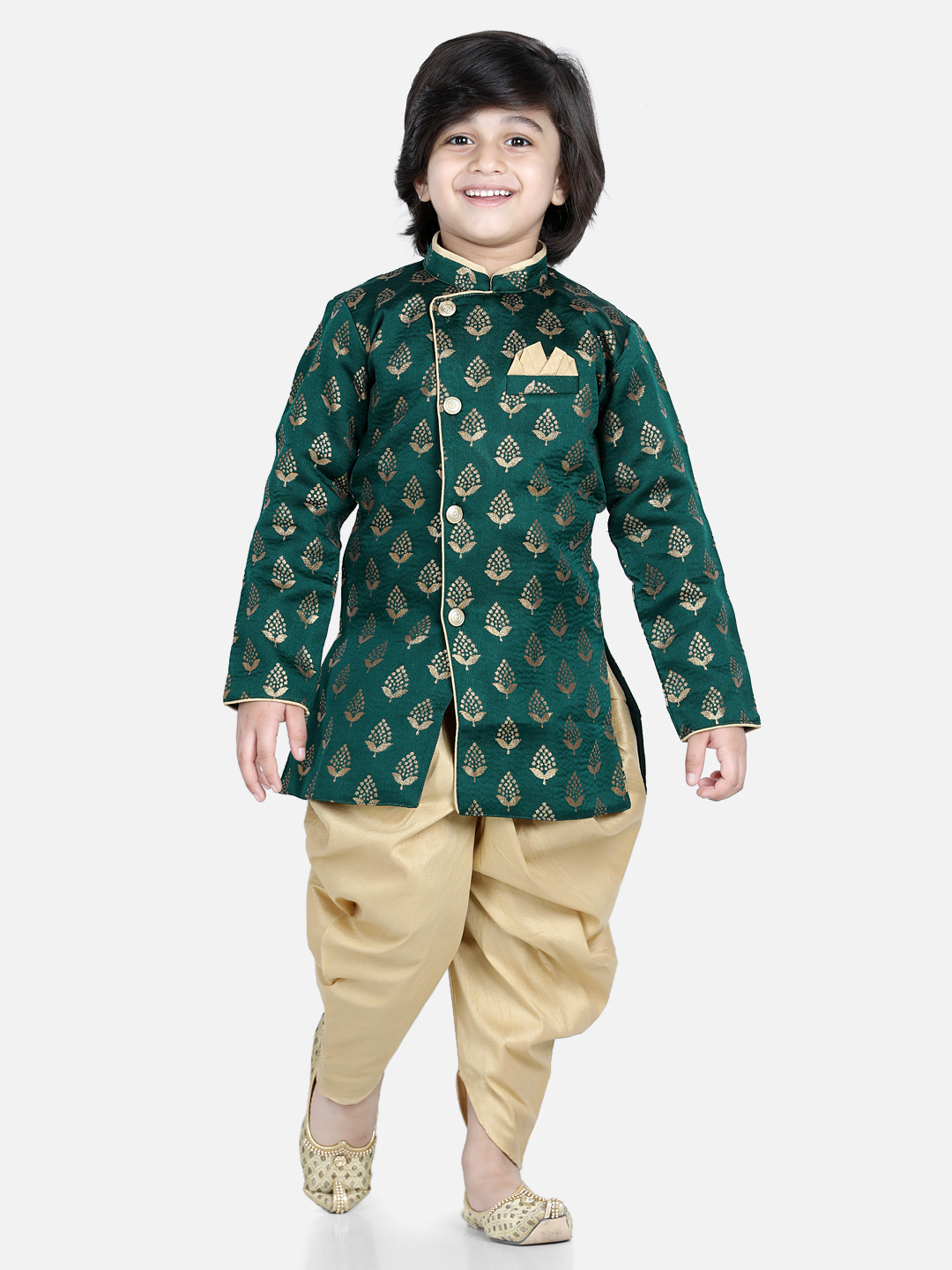 BownBee Boys Green & Golden Full Sleeves Jacquard Sherwani