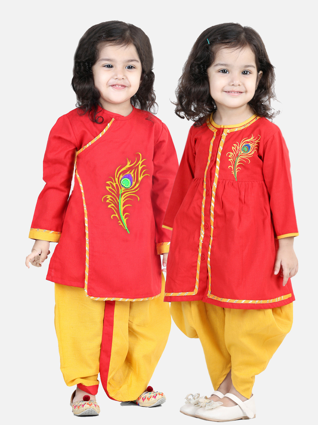 BownBee Girls Red Thread Work Pure Cotton Kurta with Dhoti Pants