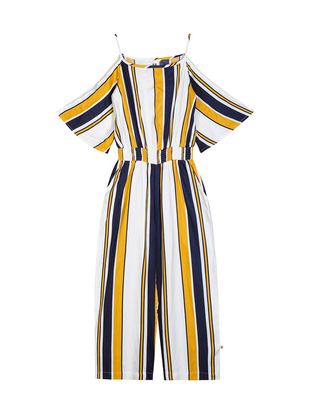 Budding Bees Girls White & Navy Blue Striped Basic Jumpsuit