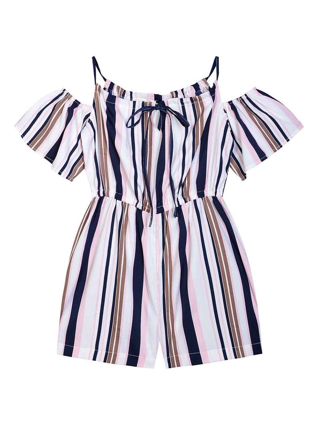 Budding Bees Girls White & Black Striped Basic Jumpsuit