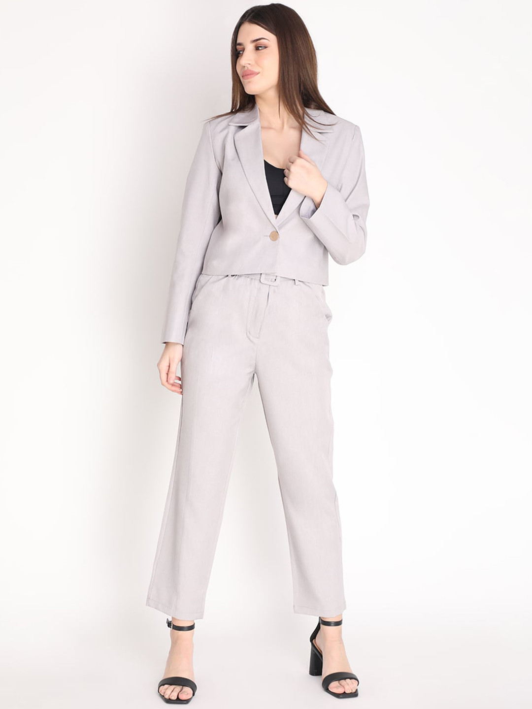 Dlanxa Women Grey Solid Double Breasted 2 Piece Suits