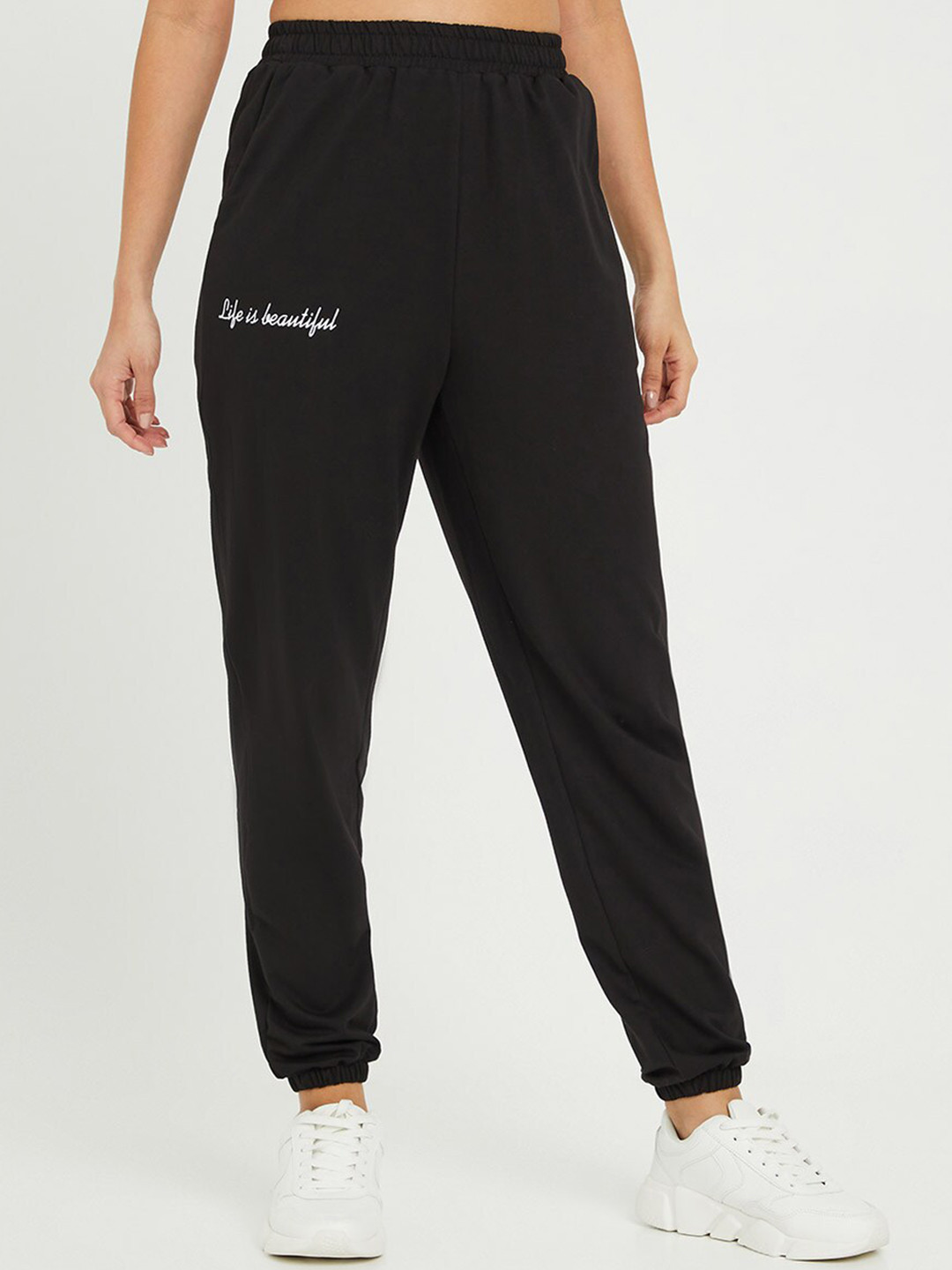 Styli Women Black Life Is Beautiful Slogan Print Relaxed Fit Jogger with Side Pocket