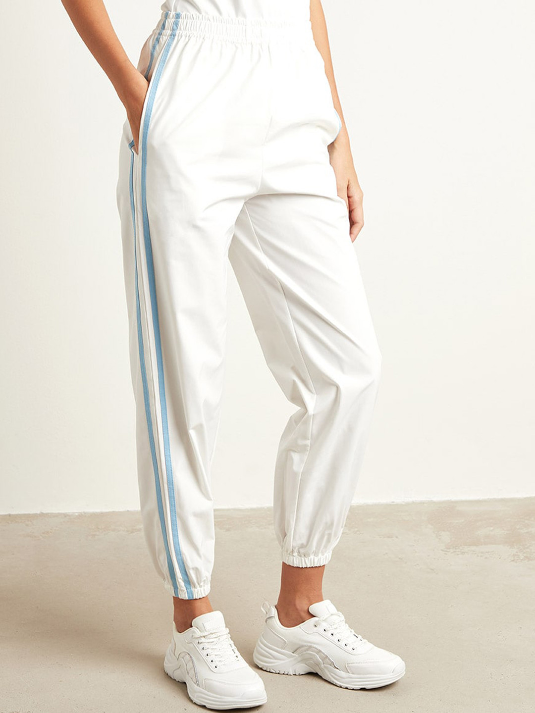 Styli Women White Side Striped Panel Elasticated Waistband Jogger