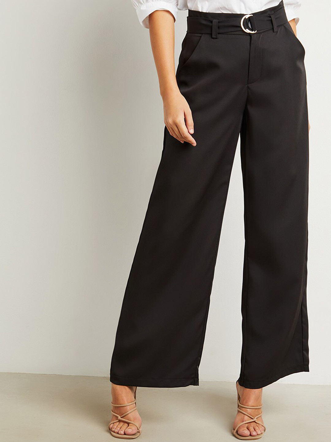 Styli Women Black Wide Leg Palazzo Pants with Self Belt