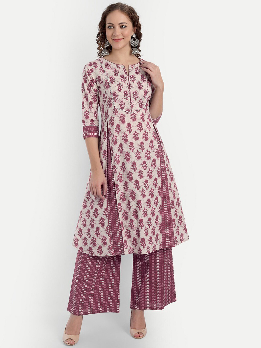 HK colours of fashion Women Fuchsia Ethnic Motifs Printed Panelled Pure Cotton Kurti with Palazzos