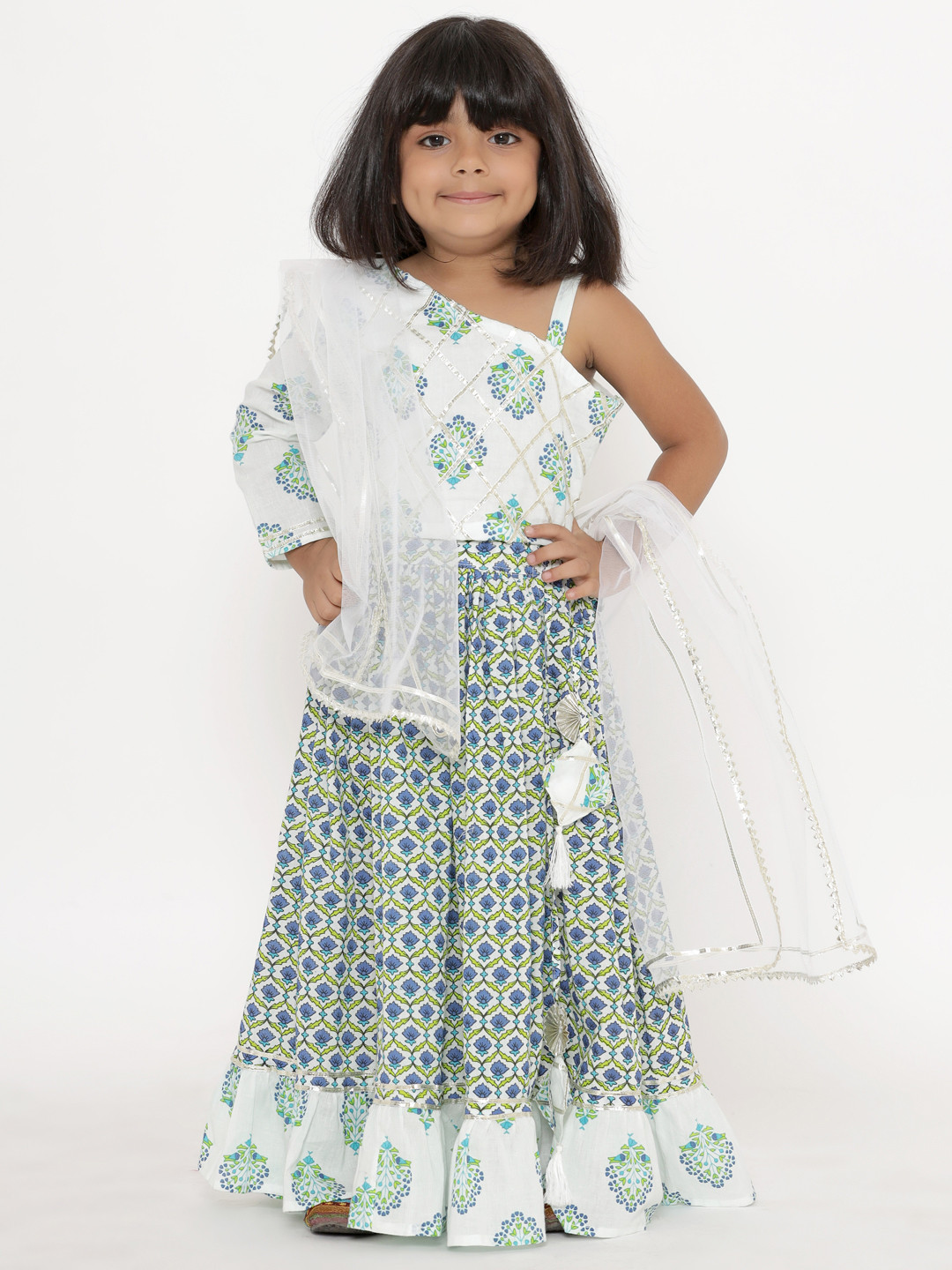 Readiprint Girls White & Blue Embellished Block Print Ready to Wear Lehenga & Blouse With Dupatta