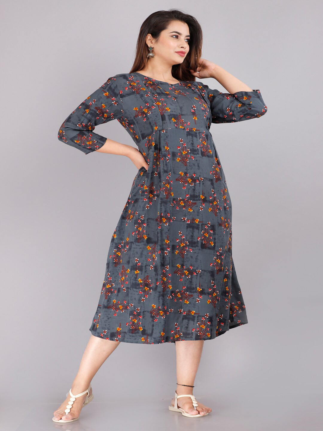 Vastralay Grey Floral Maternity Empire Midi Dress