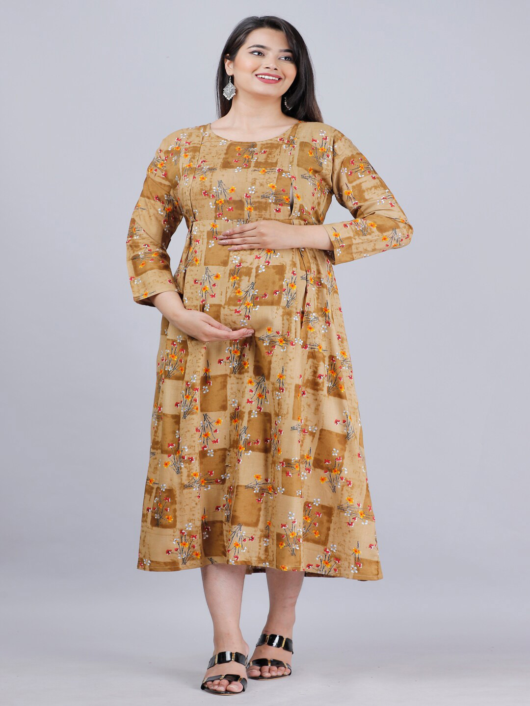 Vastralay Brown Floral Maternity Empire Midi Dress