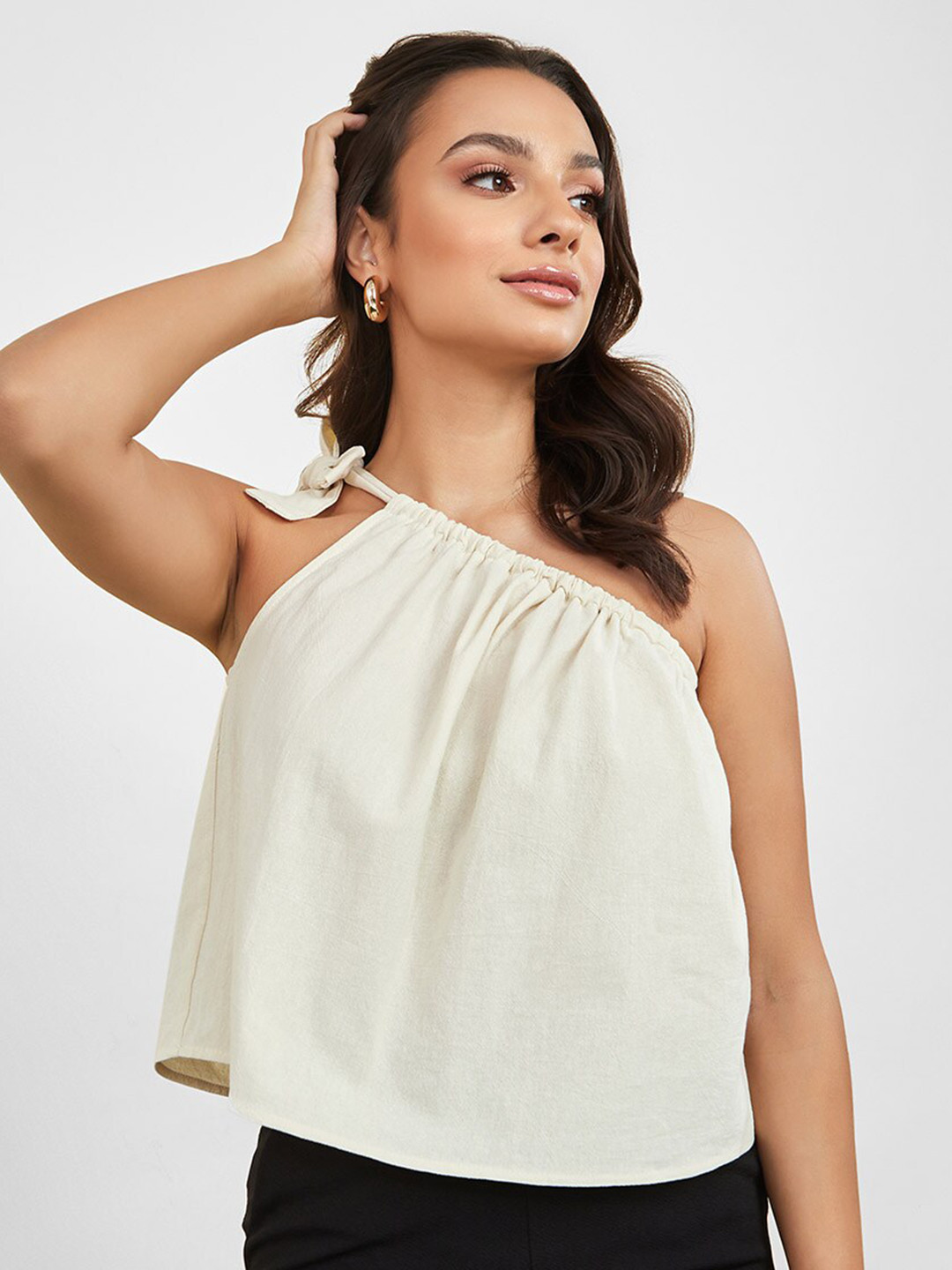 Styli Cream-Coloured Asymmetric Neck Strappy Top