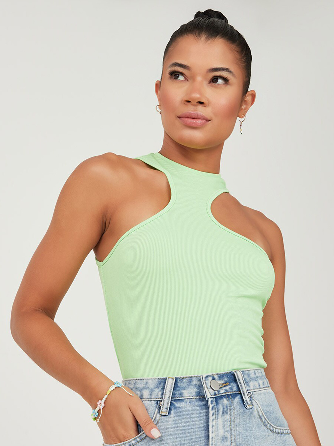 Styli Sea Green Sleeveless Racer Neck Fitted Ribbed Tank