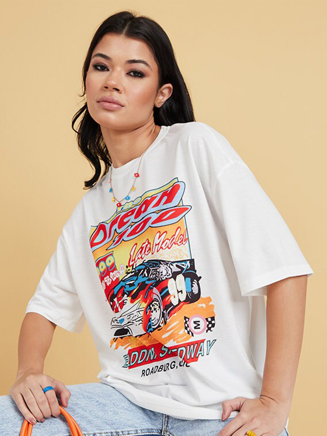 Styli White Short Sleeves Car Graphic Print Longline Oversized T-shirt