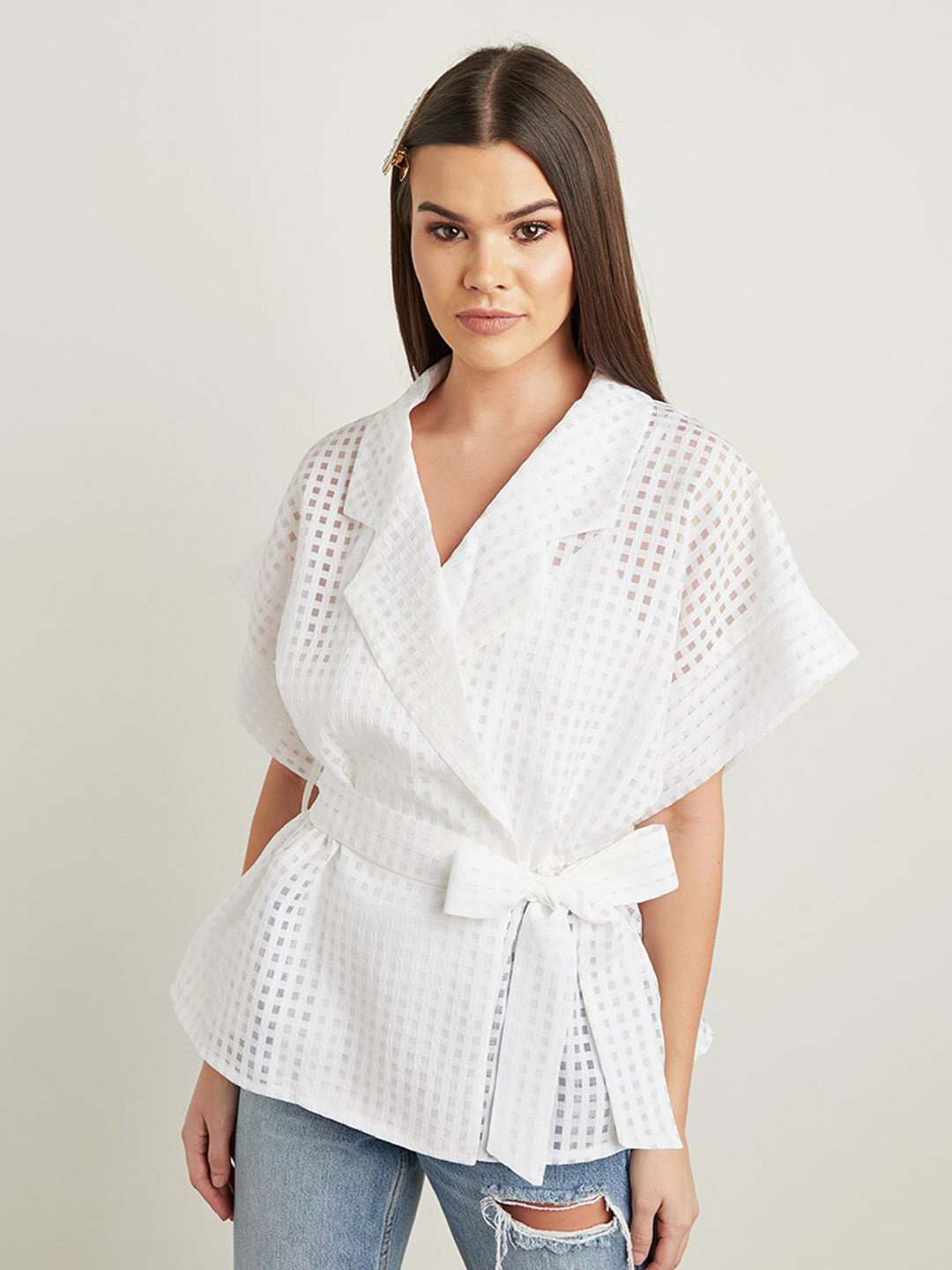 Styli White Kimono Sleeves Checked Organza Woven Wrap Top