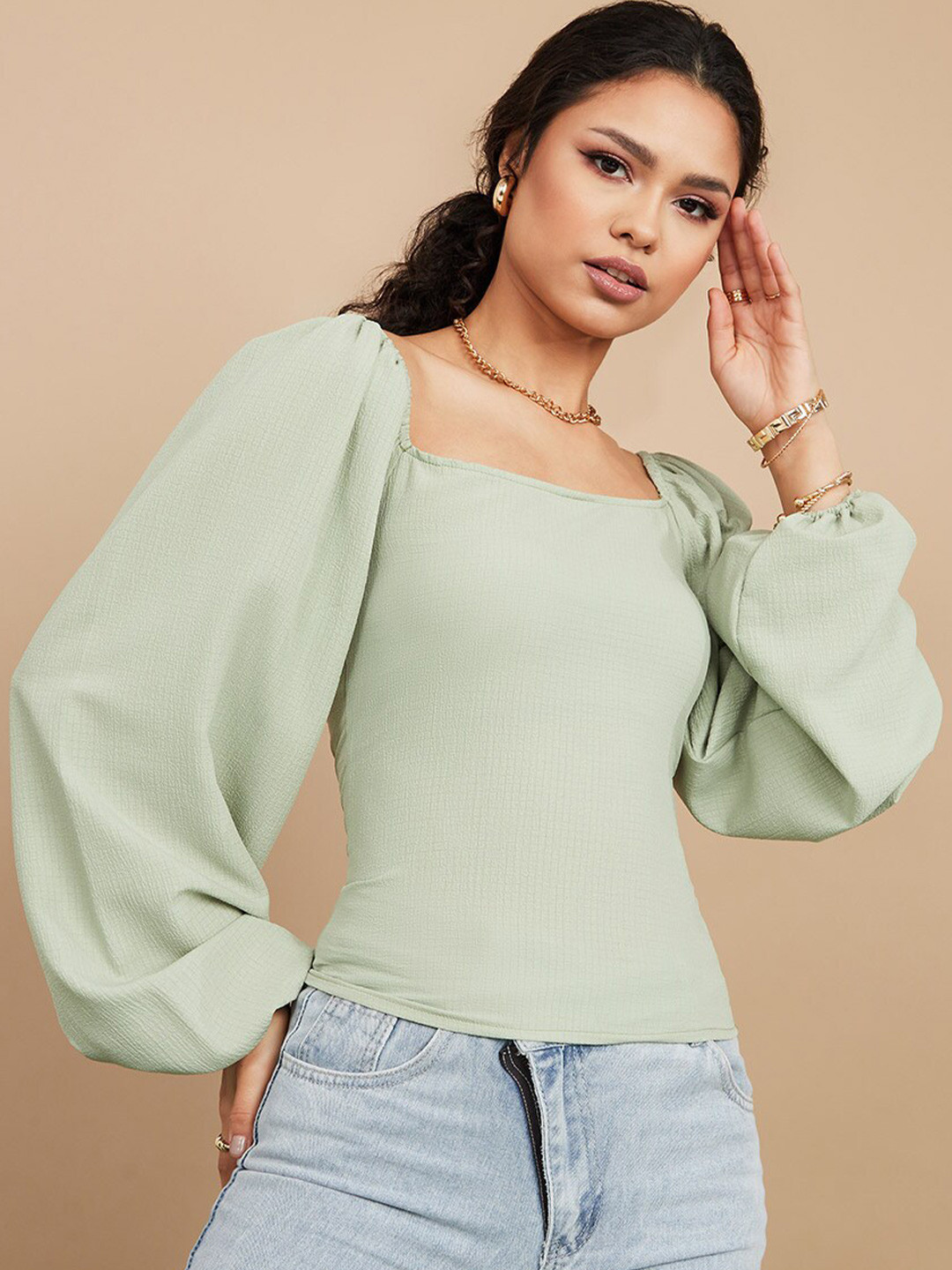 Styli Green Balloon Sleeves Wide Square Neck Fitted Blouse