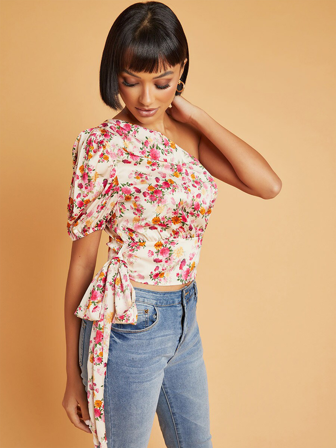 Styli White Floral Print One Sleeve Crop Top