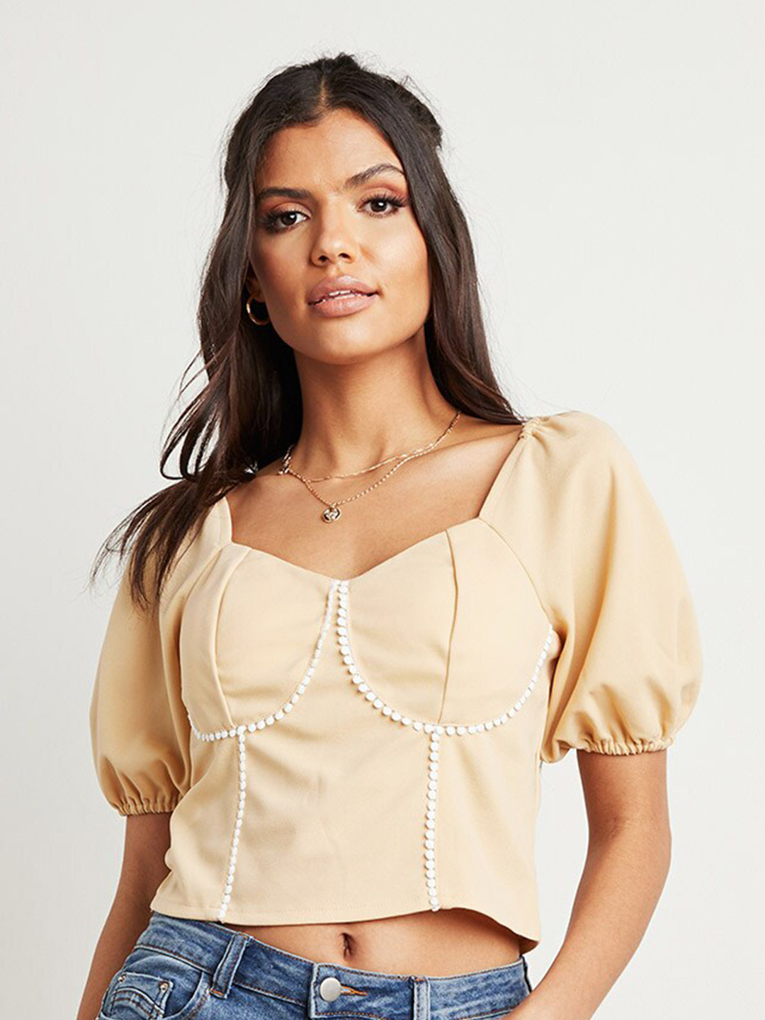 Styli Beige Contrast Stitch Tie Back Top