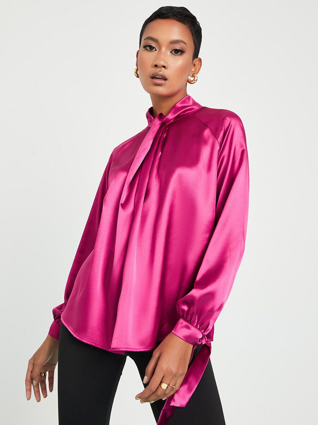 Styli Purple Tie Cuff High Neck Satin Blouse