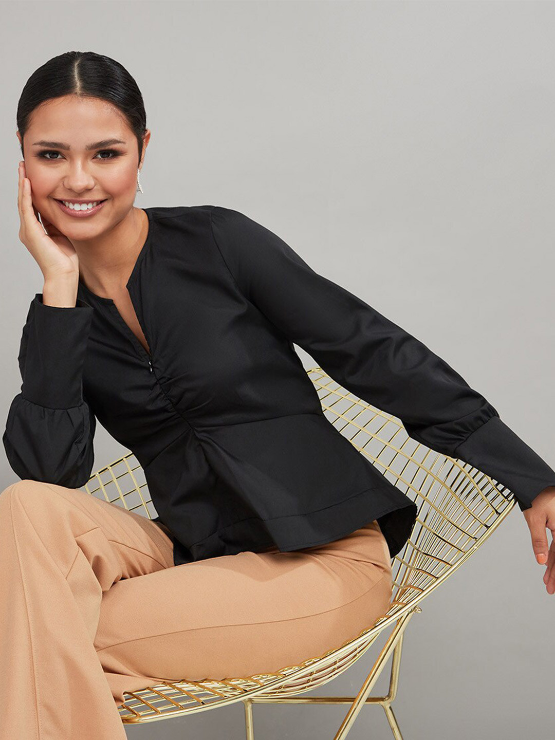 Styli Women Black Asymmetric Hem V Neck Long Sleeve Blouse