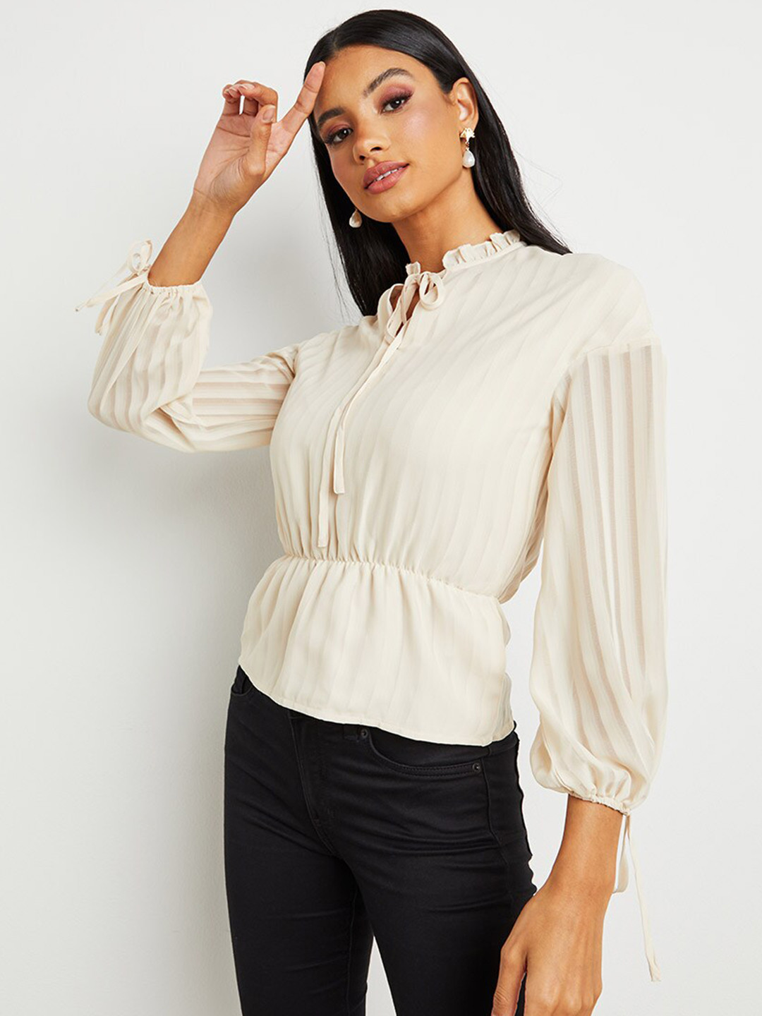 Styli Beige Semi Sheer Tie-Up Neck Long Sleeves Tunic