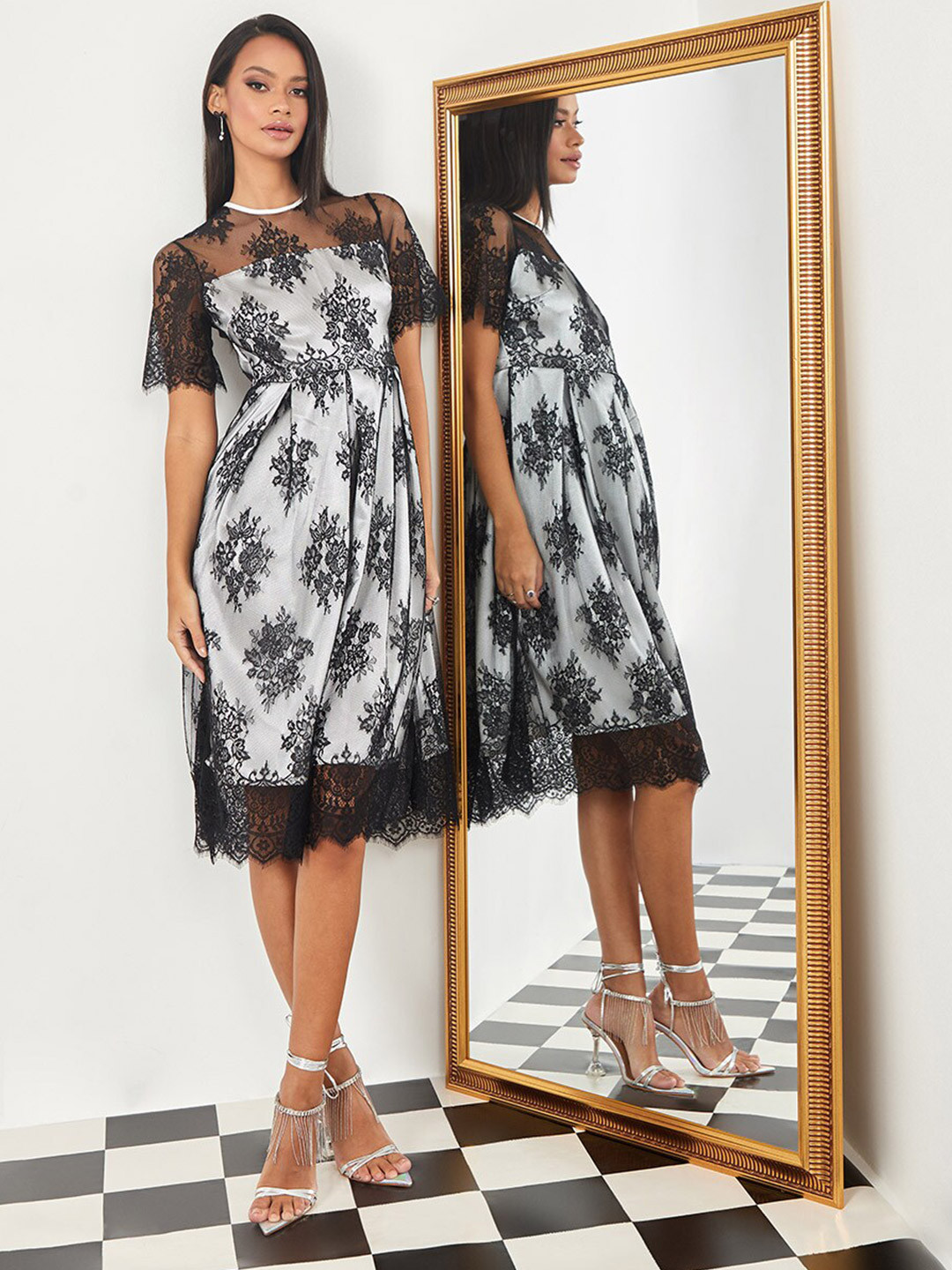 Styli Multicoloured Mesh Insert A-Line Midi Dress