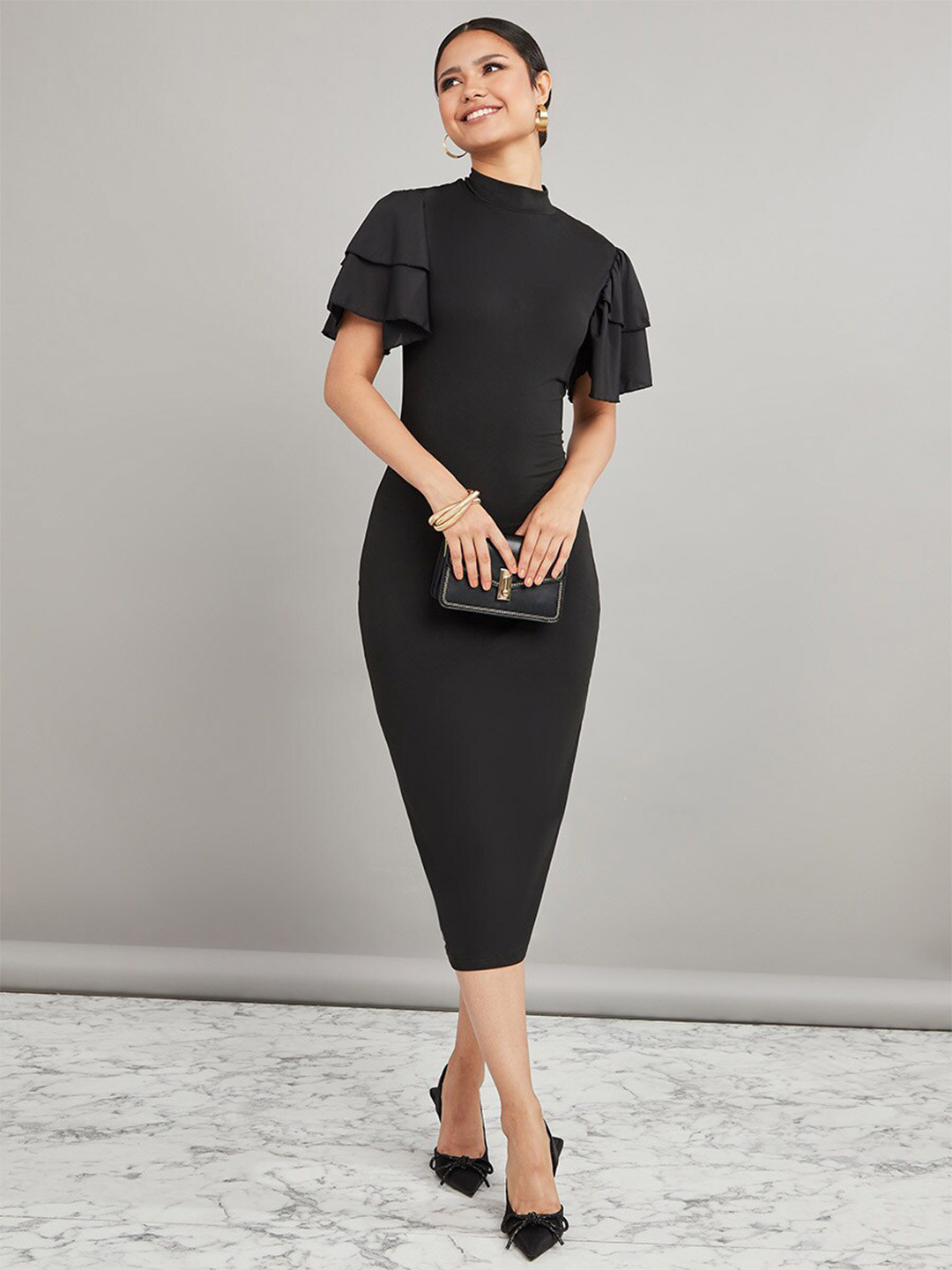 Styli Ruffle Detail High Neck Bodycon Midi Dress