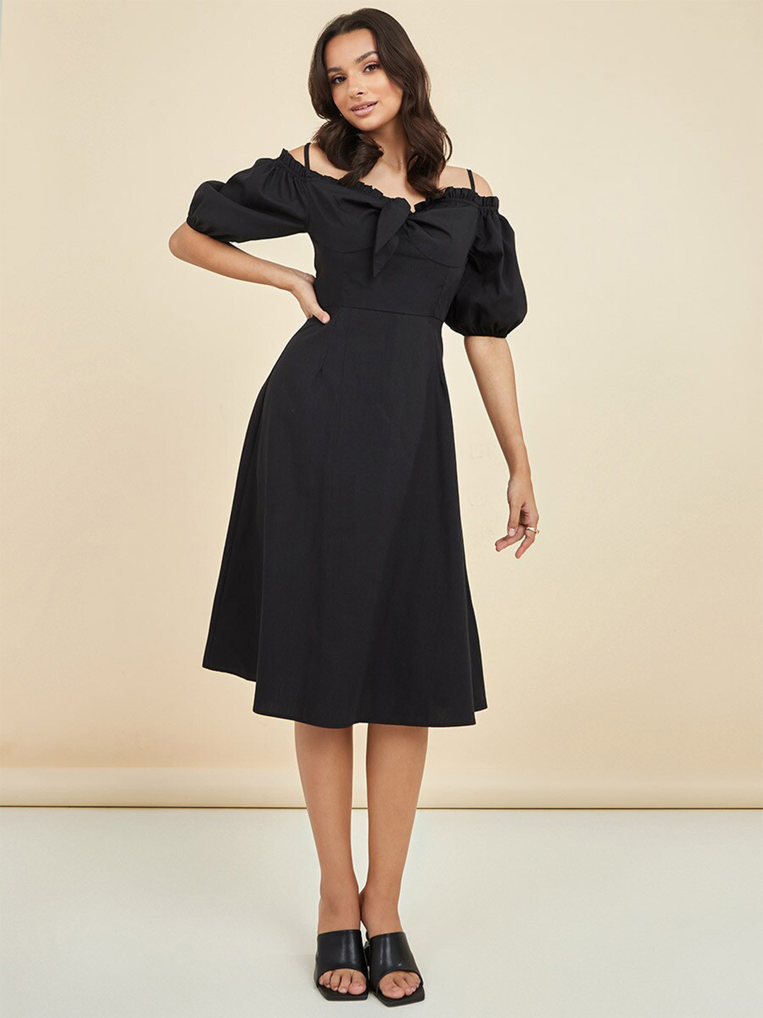 Styli Black Off-Shoulder Midi Dress