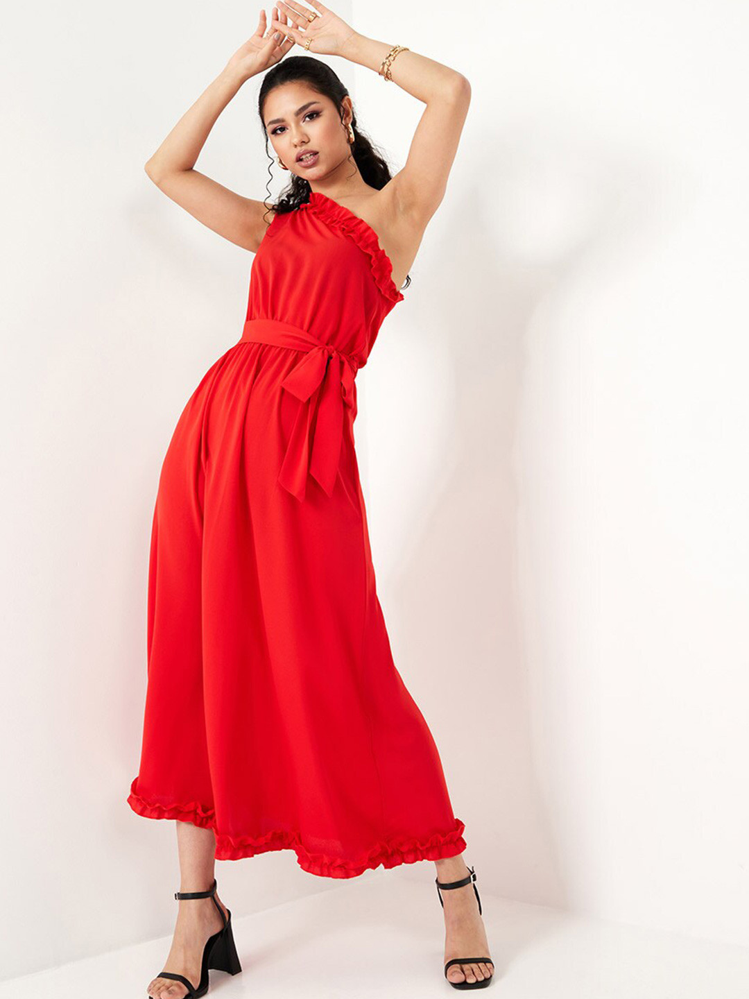 Styli Red One Sleeve Ruffle Trim A-Line Maxi Dress with Tie Belt