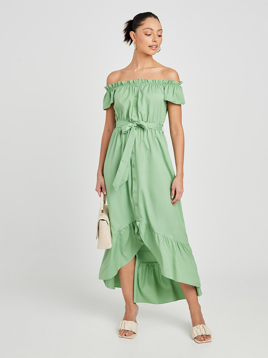 Styli Off Shoulder High-Low Hem Maxi Dress with Belt & Button Detail