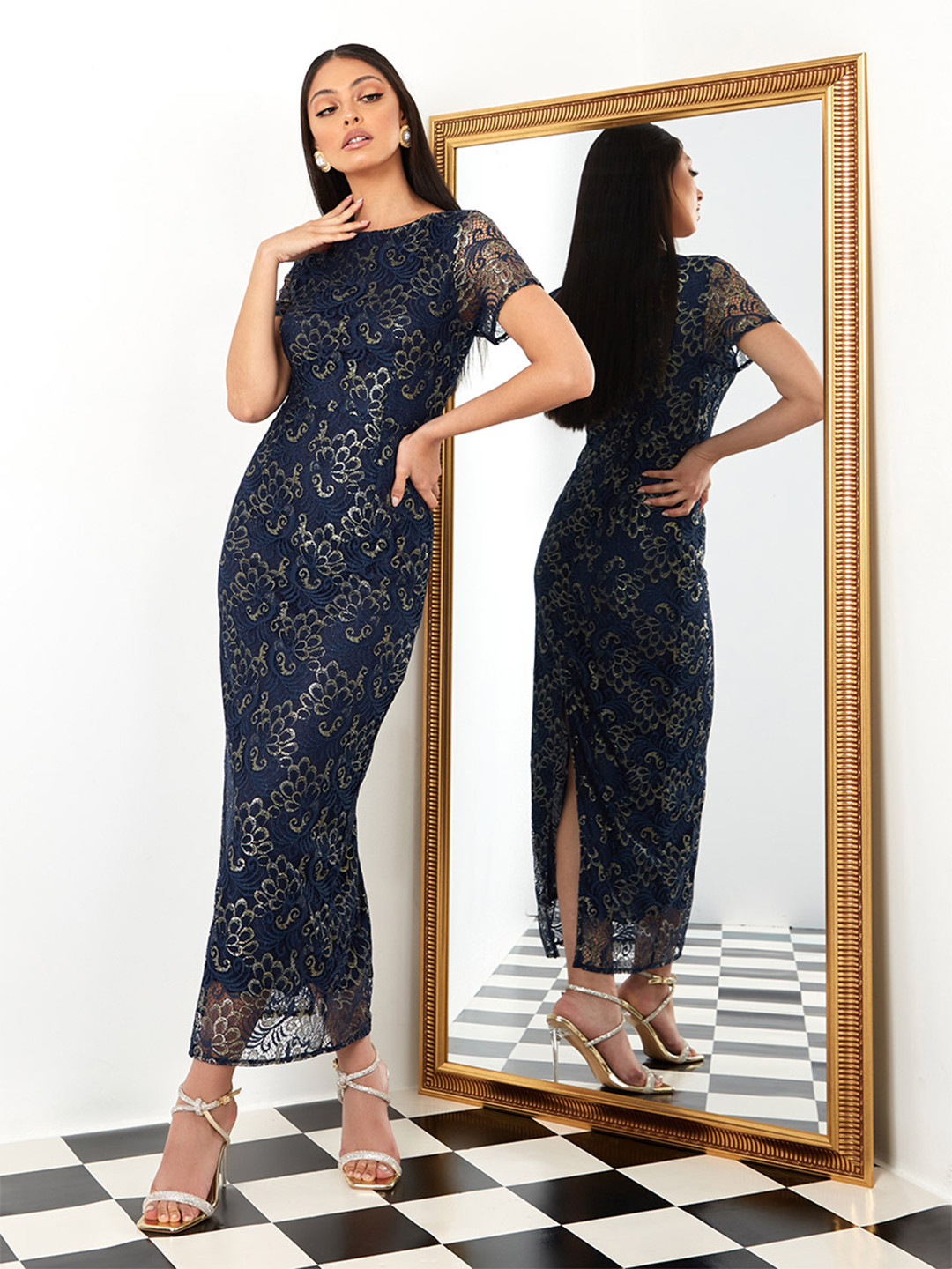 Styli Navy Blue & Gold-Toned Lace Overlay Sheath Maxi Dress with Back Slit
