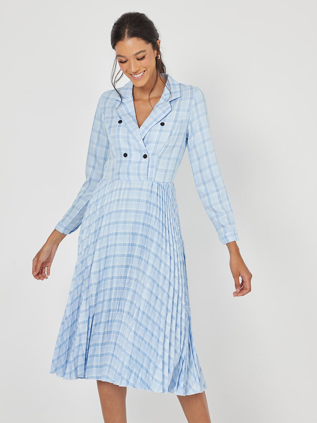 Styli Checked Plaid Pleated Detail Blazer Midi Dress