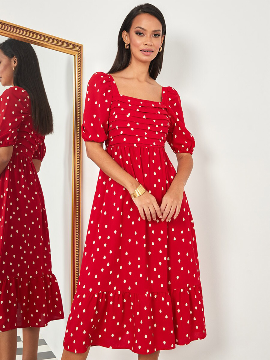 Styli Red Puff Sleeves Polka Dot A-Line Midi Dress with Pleats
