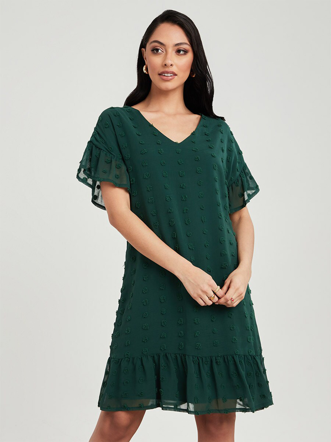 Styli Green Short Sleeves V Neck Dobby Spot A-Line Knee Length Dress