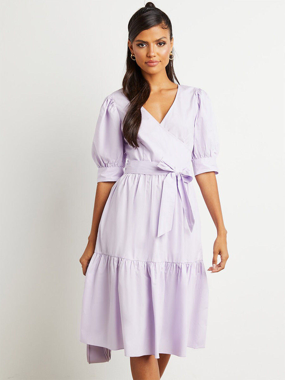 Styli Women Wrap Puff Sleeves A-Line Midi Dress