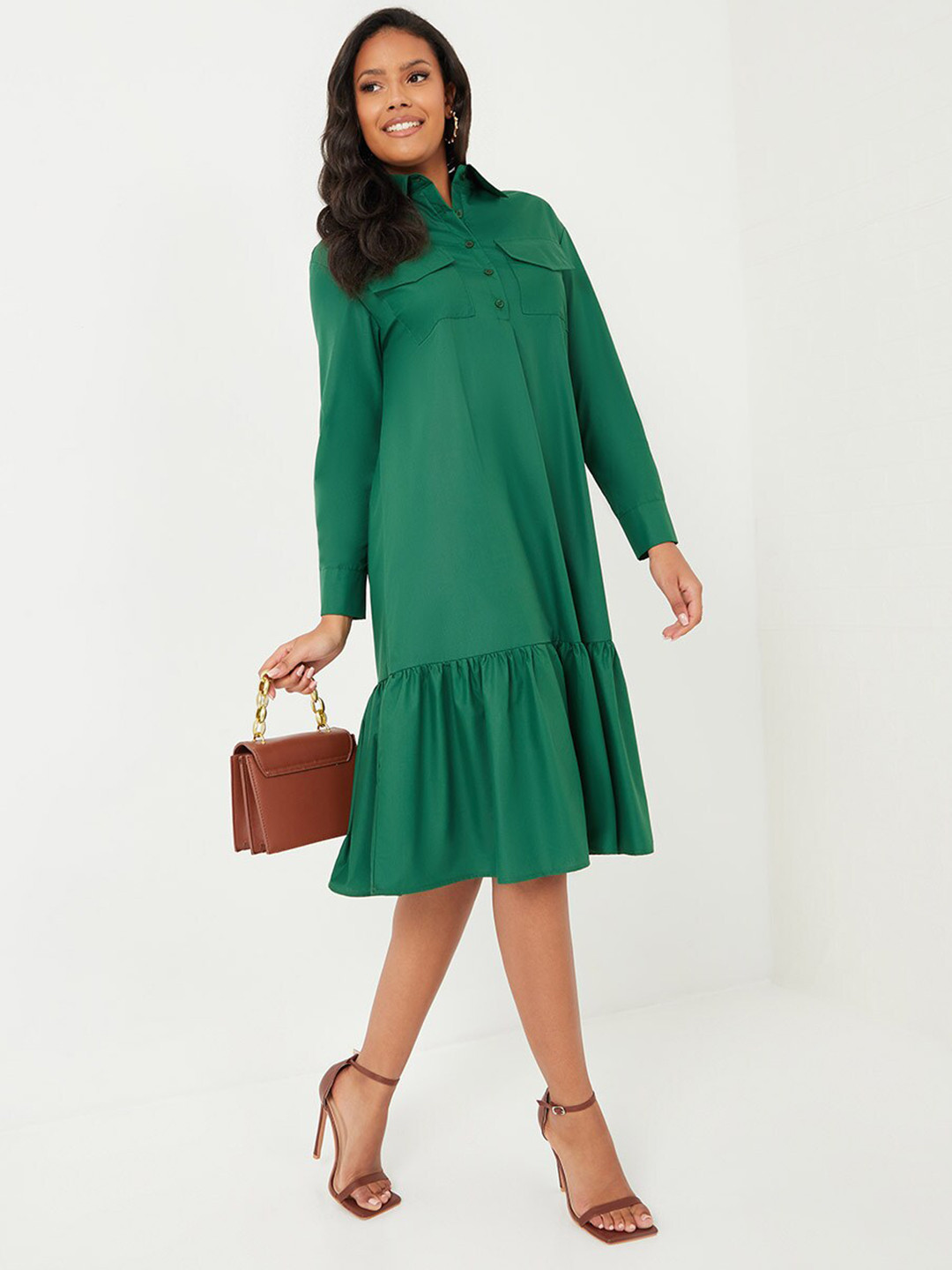 Styli Green Long Sleeves Collared Tiered Midi Dress with Flap Pocket Detail