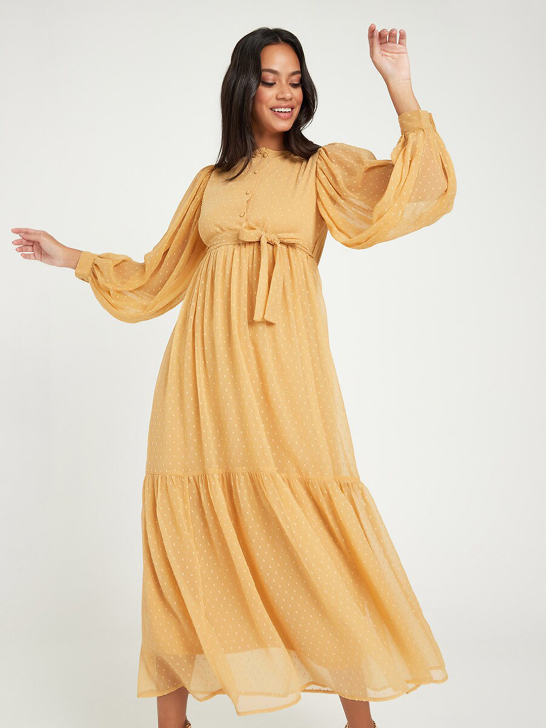Styli Mustard Yellow Long Sleeves Dobby Spot Print Tiered Maxi Dress
