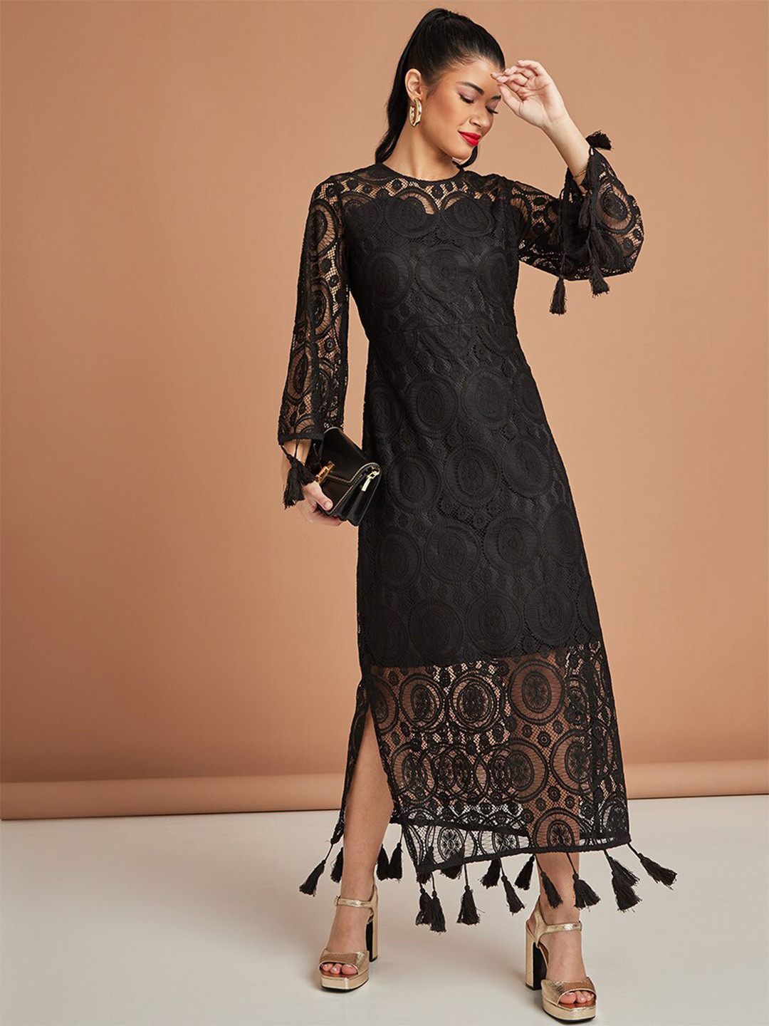 Styli Black Long Sleeves Lace Insert A-Line Maxi Dress with Tassel Detail