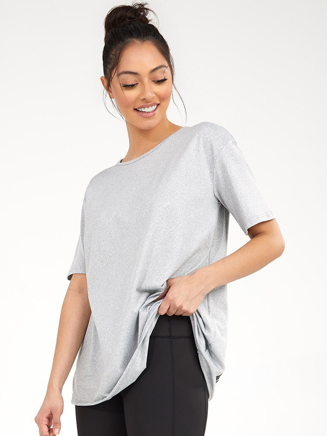 Styli Grey Back Slogan Print Hem Loose Fit Jersey Active Top