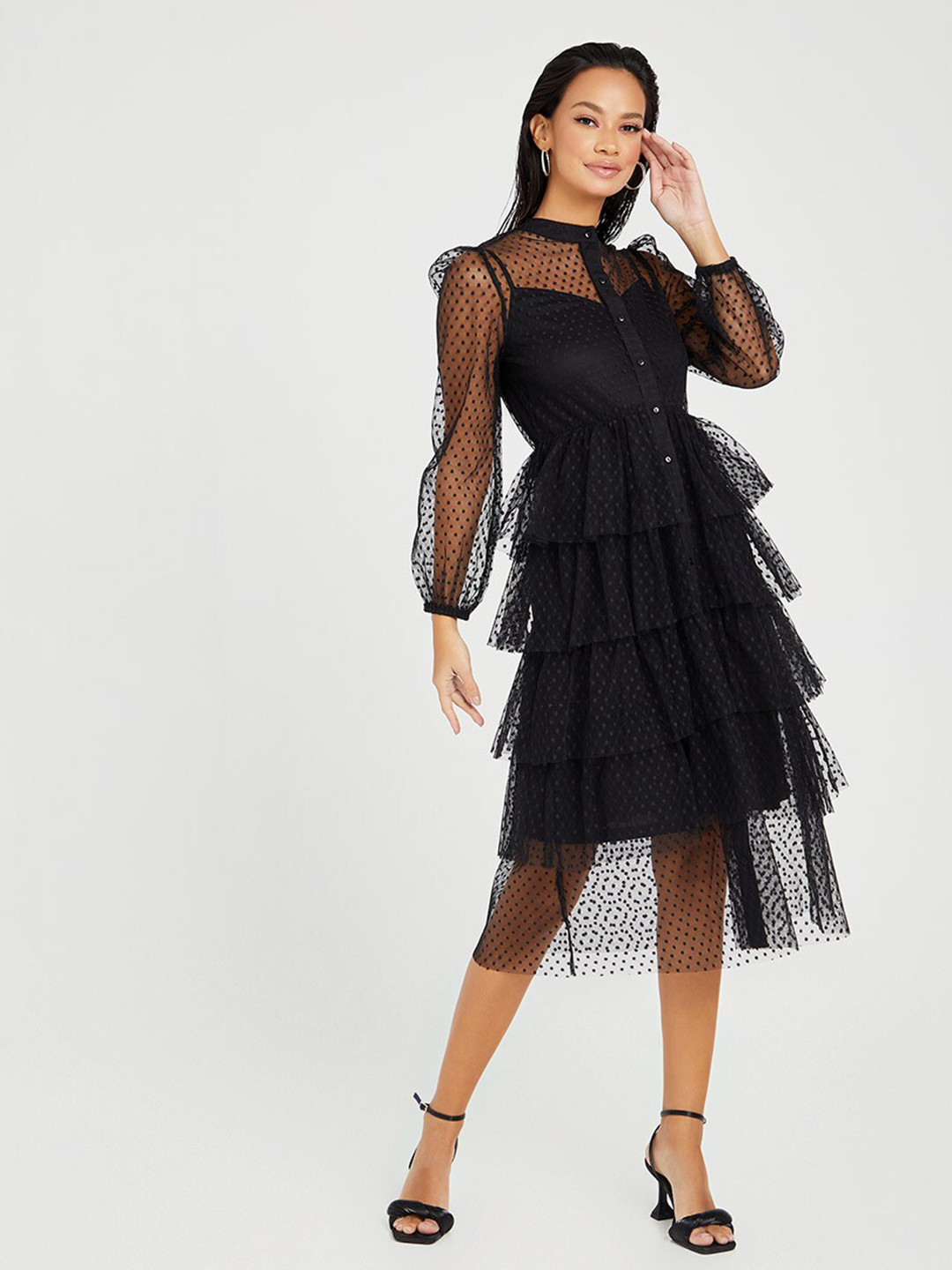 Styli Black Long Sleeves High Neck Mesh Insert Tiered Midi Dress