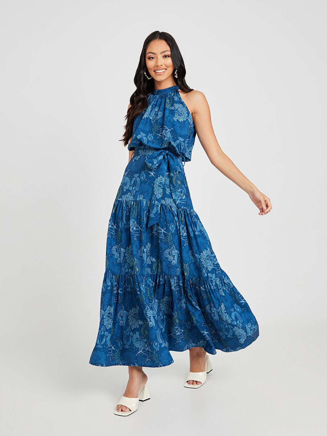 Styli Blue  Floral Print Sleeveless Halter Neck Tiered A-Line Maxi Dress