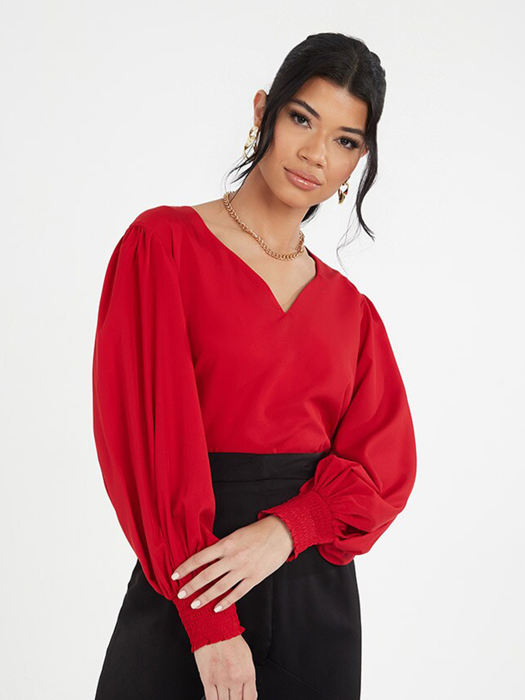 Styli Red Sweetheart Neck Puff Sleeve Crop Top