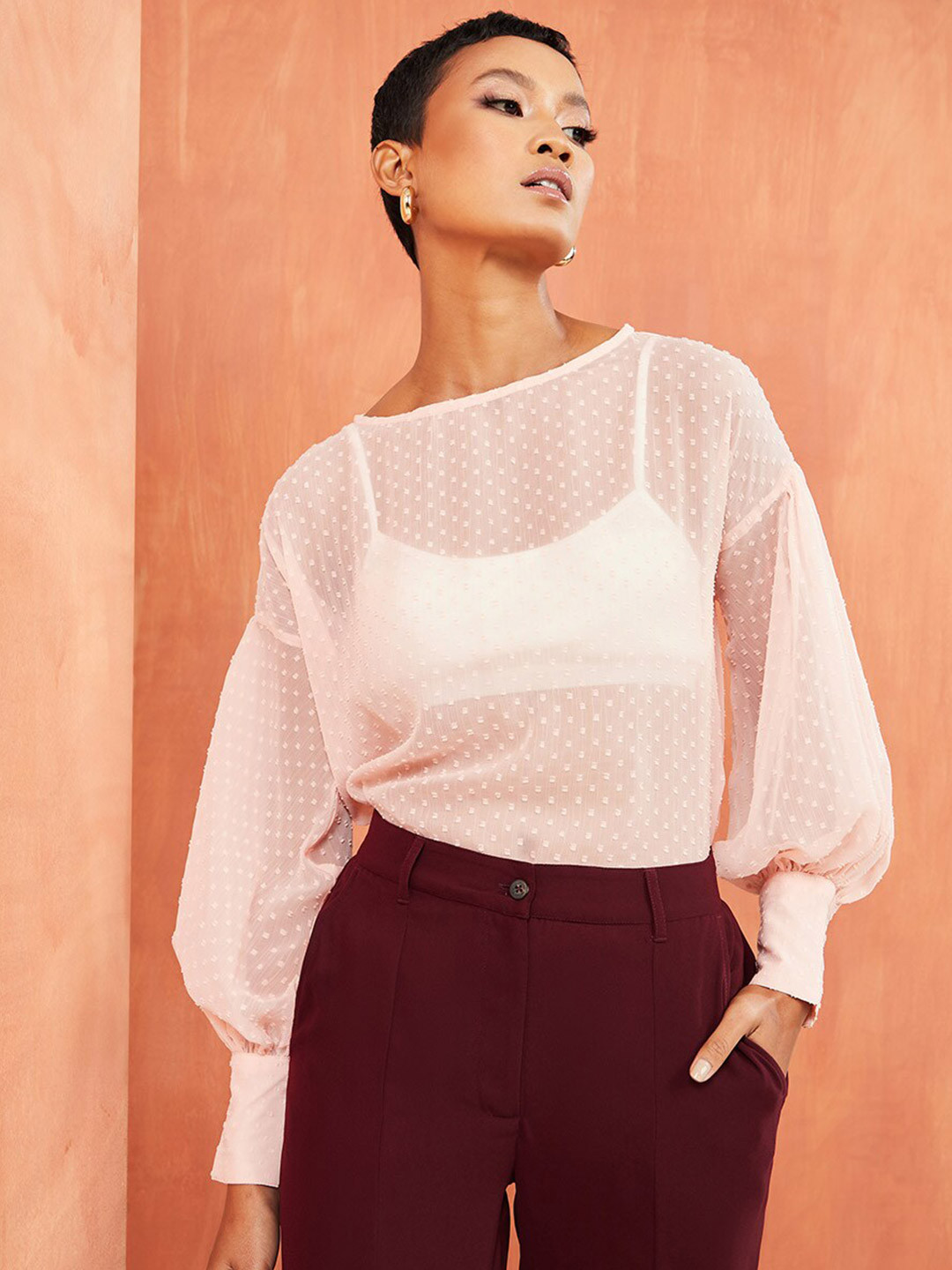 Styli Pink Dobby Cuffed Sleeves Semi Sheer Top
