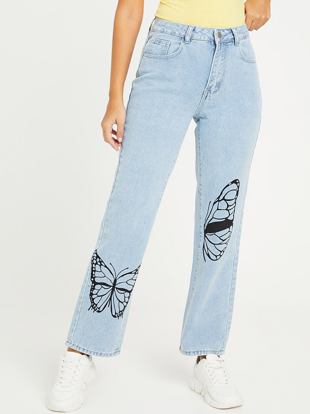 Styli Women Blue High Rise Butterfly Print Wide Leg Jeans