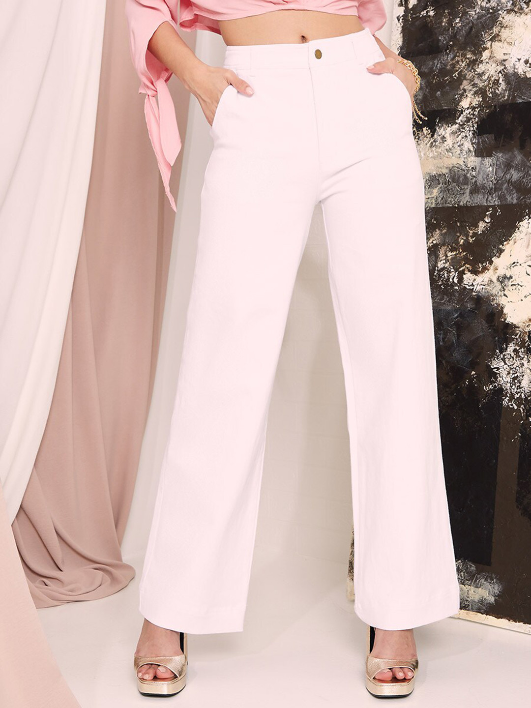 Styli Women Off White Premium Cotton High Rise Wide Leg Jeans